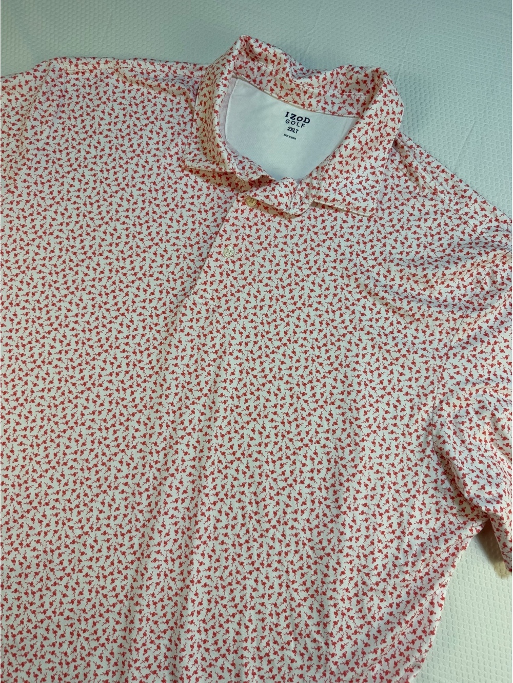 IZOD Golf Mens 2XLT Polo White Pink Flamingo Print Stretch Golfcore Tall